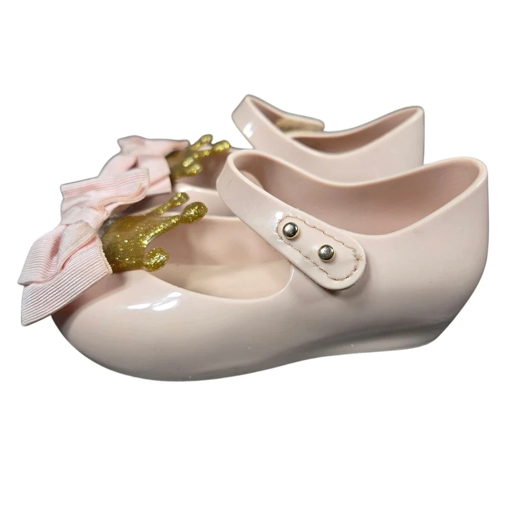 Mini Melissa Mary Janes Toddler 7 Pink Ribbon Bow Gold Crown Fairy Tale Princess